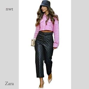 NWT ZARA BLACK FAUX LEATHER HIGH WAIST QUILTED PANTS | Sz S